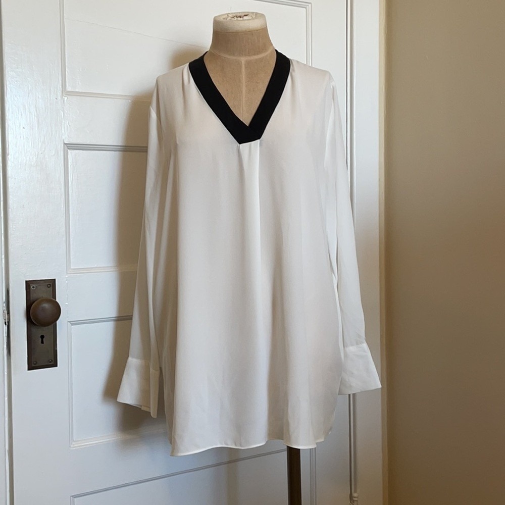 Primark Womens V-Neck Long Sleeve Blouse White Black Trim Size 14 Tunic Top